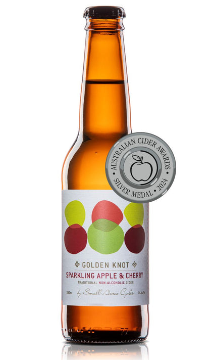 330ml Bottle of Sparkling Apple and Cherry Golden Knot with a Silver medal from the Australian Cider Awards 2024