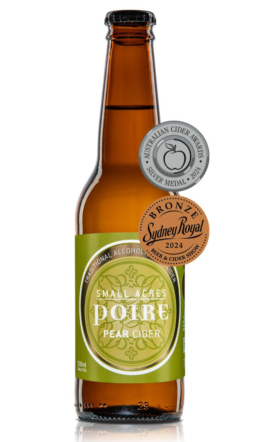 A 330ml Bottle of Poire Pear Cider with a silver medal from The Australian Cider Awards 2024 and a Bronze medal from the Sydney Royal 2024